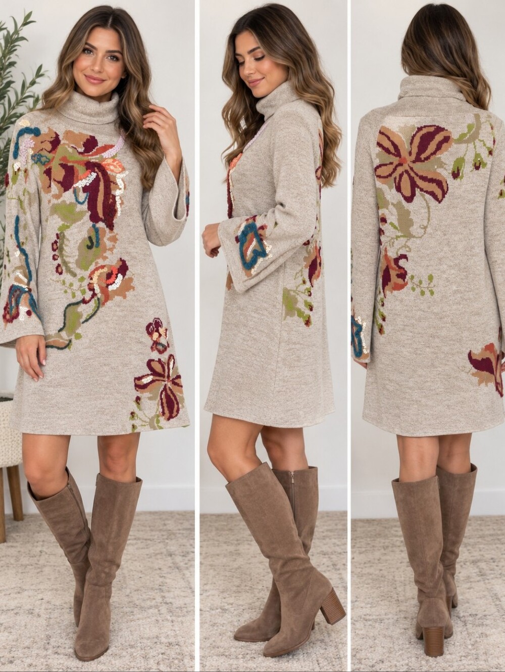 Knitted & Knotted Anthropologie Embroidered Petals Sweater Dress L